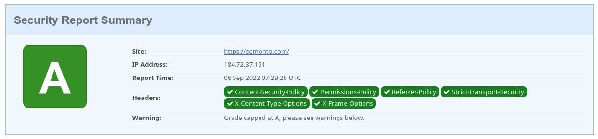 Screenshot of securityheaders.com