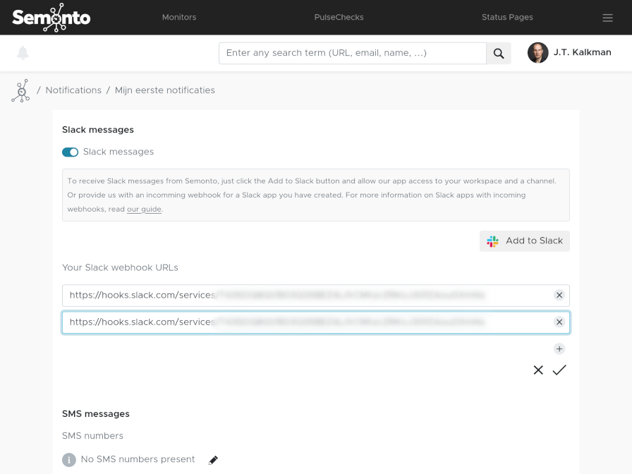 Screenshot of configuring Slack notification in Semonto