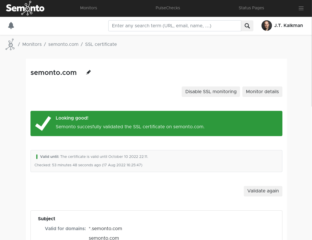 Screenshot of SSL status page in Semonto