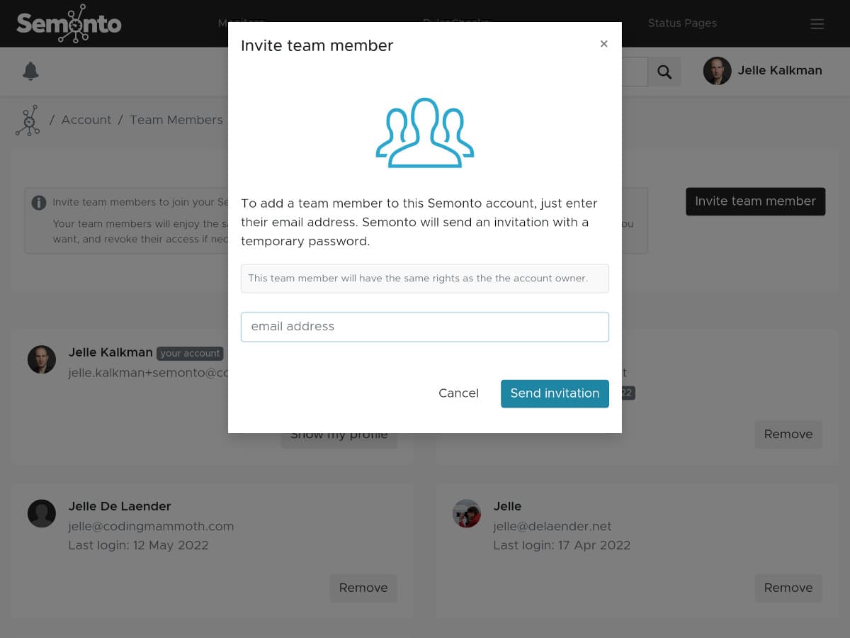 Screenshot how to add a team member in Semonto
