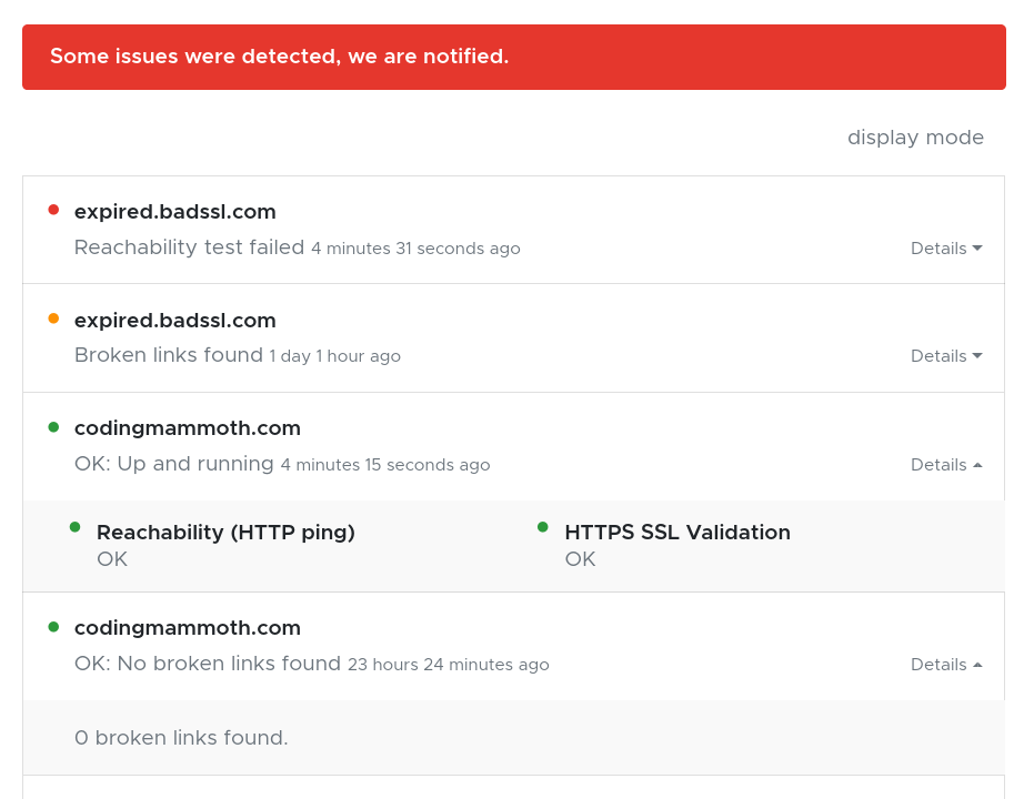 Status page showing the test results